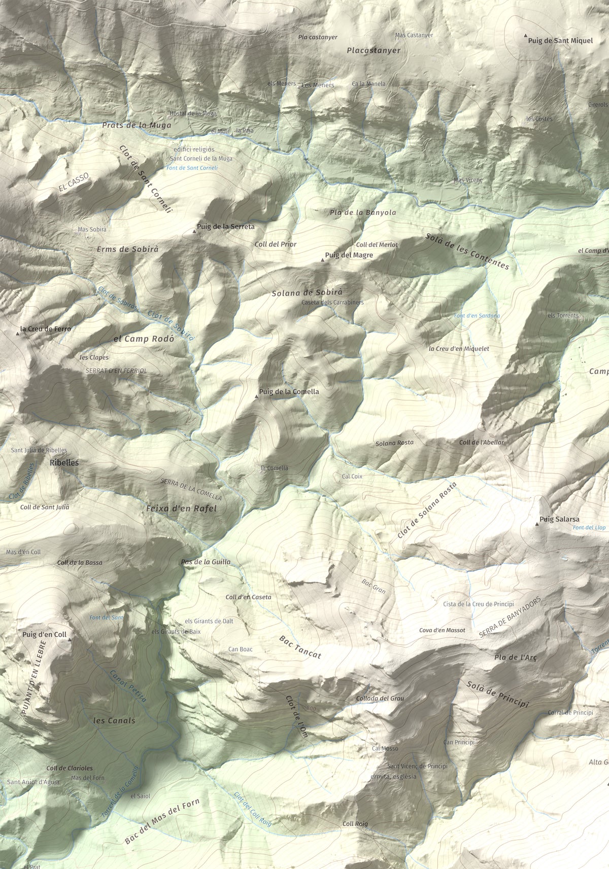 Mapa de relieve de Bassegoda, 1373 m, Alt Empordà · Garrotxa, lámina 100 Cims de Trobart. Detalle de la zona superior izquierda. 70 × 100 cm.