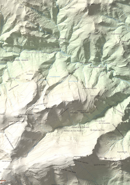 Mapa de relieve de Bassegoda, 1373 m, Alt Empordà · Garrotxa, lámina 100 Cims de Trobart. Detalle de la zona superior derecha. 70 × 100 cm.