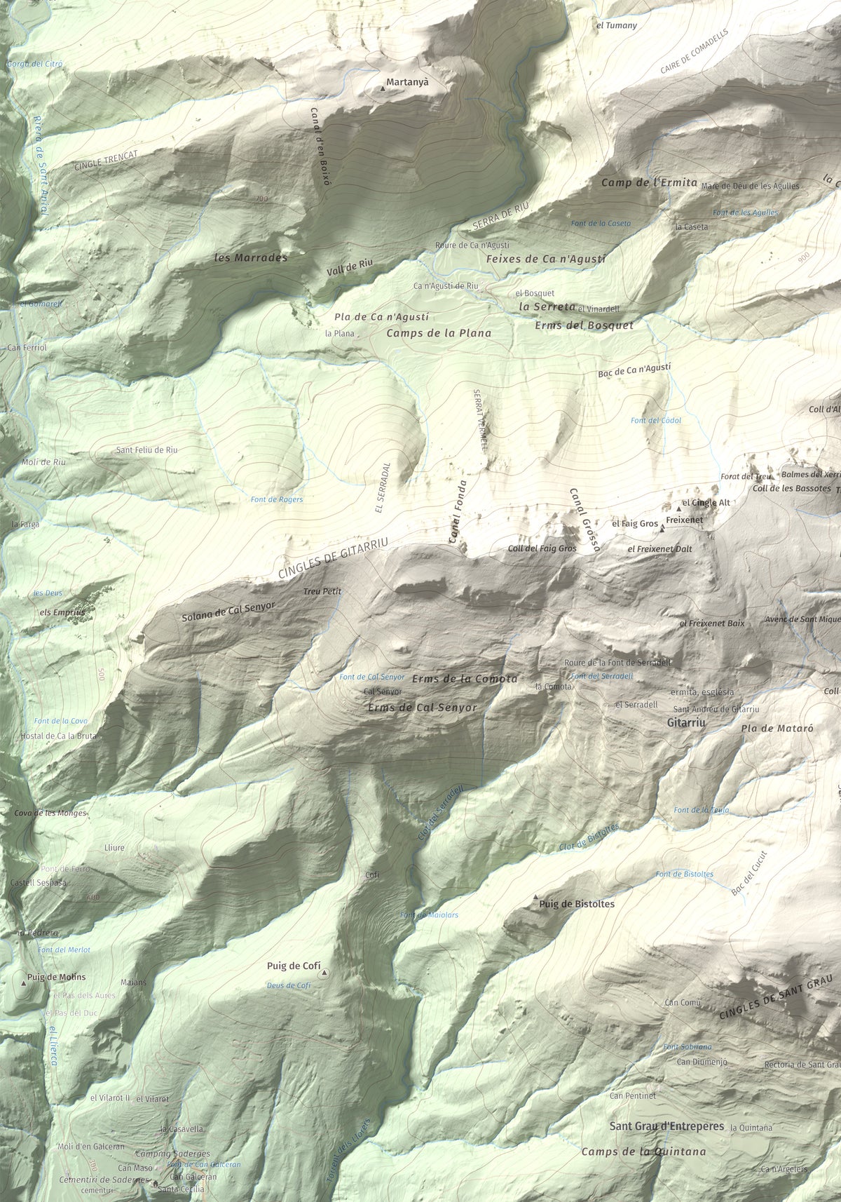 Mapa de relieve de Bassegoda, 1373 m, Alt Empordà · Garrotxa, lámina 100 Cims de Trobart. Detalle de la zona inferior izquierda. 70 × 100 cm.