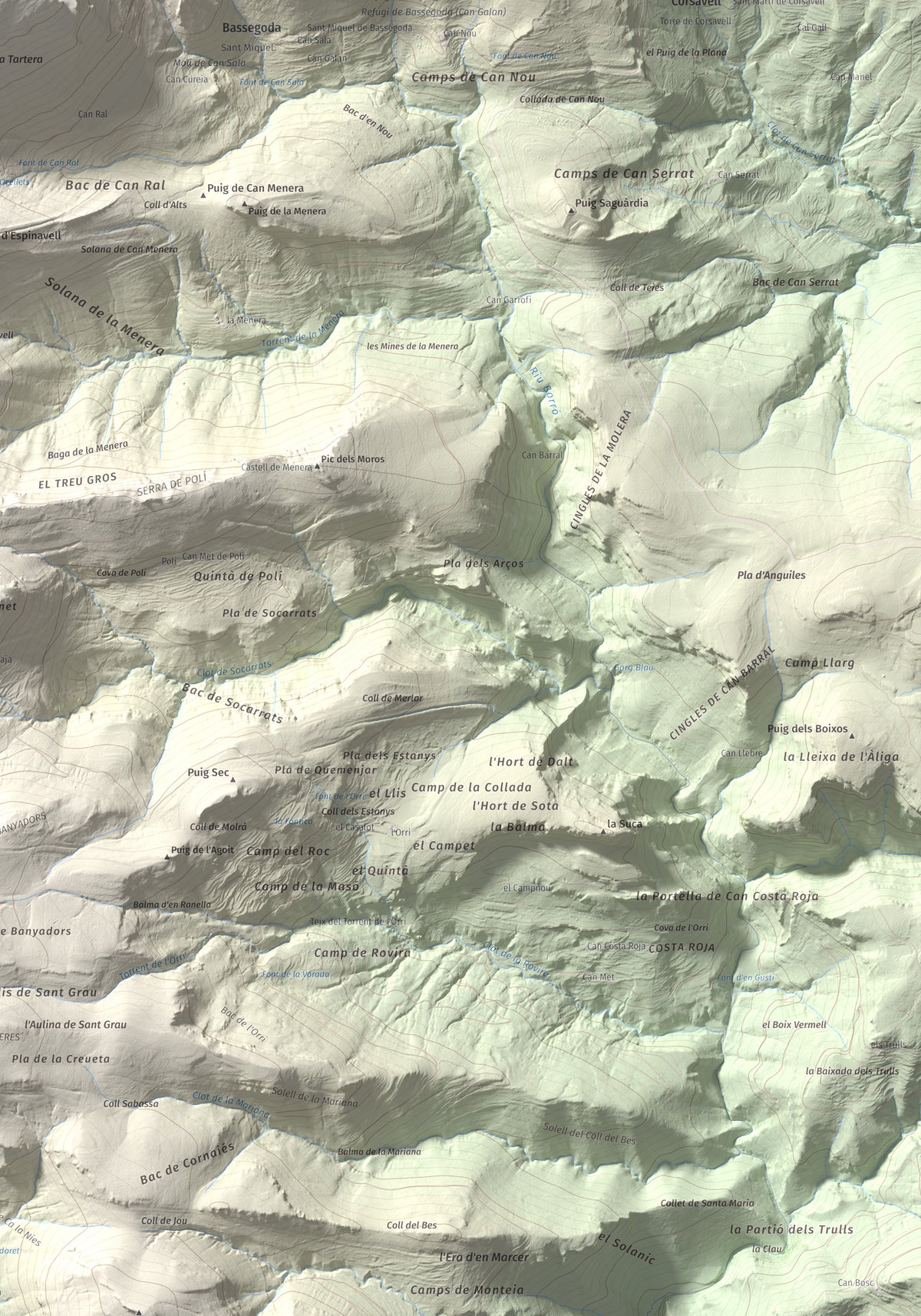 Mapa de relieve de Bassegoda, 1373 m, Alt Empordà · Garrotxa, lámina 100 Cims de Trobart. Detalle de la zona inferior derecha. 70 × 100 cm.