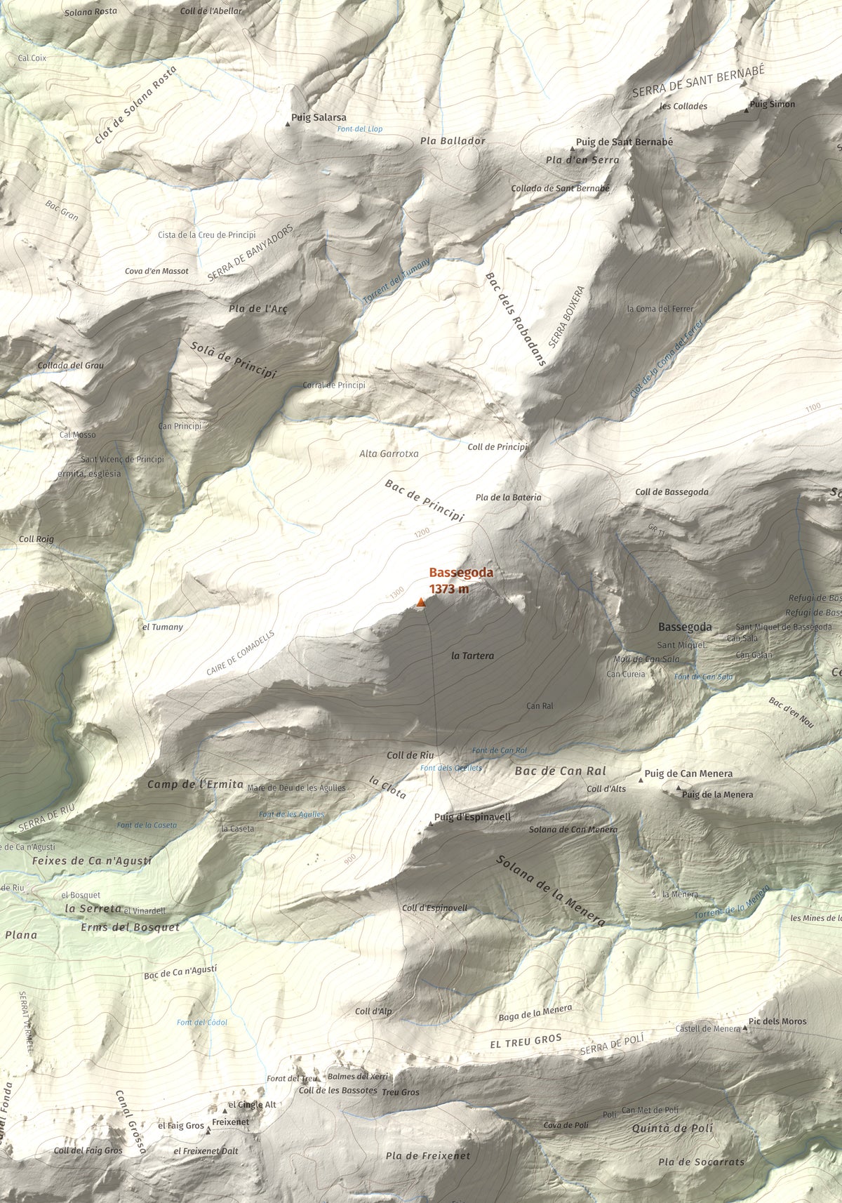 Mapa de relieve de Bassegoda, 1373 m, Alt Empordà · Garrotxa, lámina 100 Cims de Trobart. Detalle de la zona central. 70 × 100 cm.