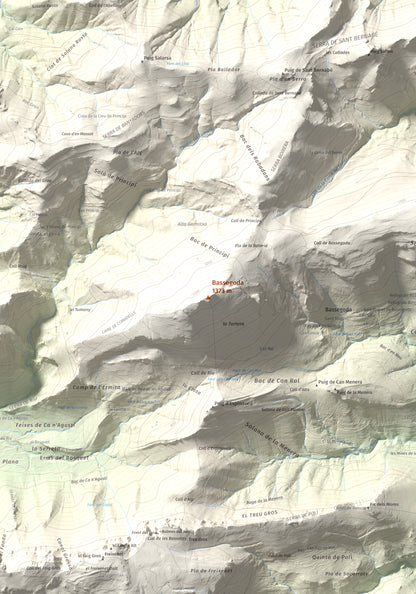 Mapa de relieve de Bassegoda, 1373 m, Alt Empordà · Garrotxa, lámina 100 Cims de Trobart. Detalle de la zona central. 70 × 100 cm.