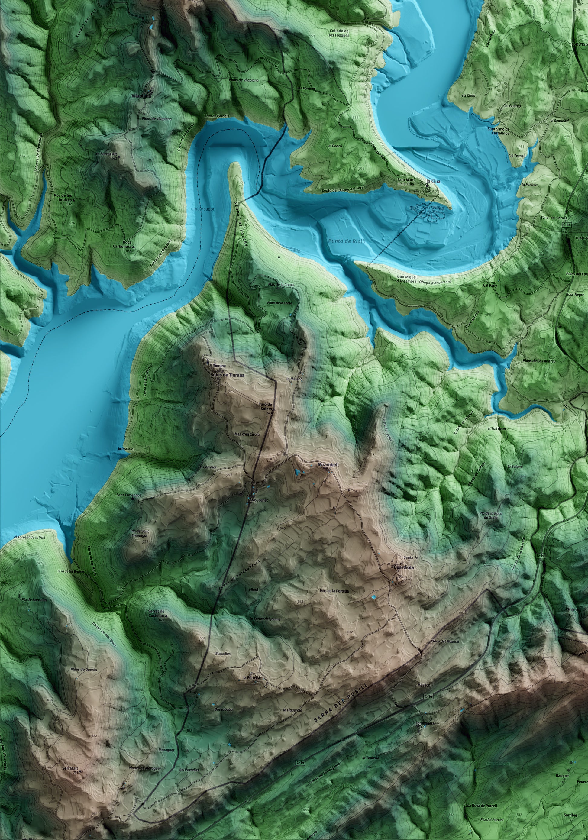 Mapa artístico del relieve de Bassella, al Alt Urgell, con 15 km de entorno y base topográfica ICGC. Detalle de la zona inferior izquierda.