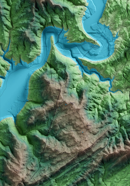 Mapa artístico del relieve de Bassella, al Alt Urgell, con 15 km de entorno y base topográfica ICGC. Detalle de la zona inferior izquierda.