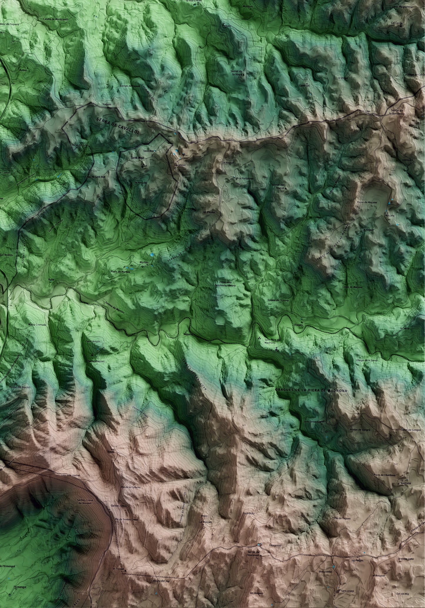 Mapa artístico del relieve de Bassella, al Alt Urgell, con 15 km de entorno y base topográfica ICGC. Detalle de la zona inferior derecha.