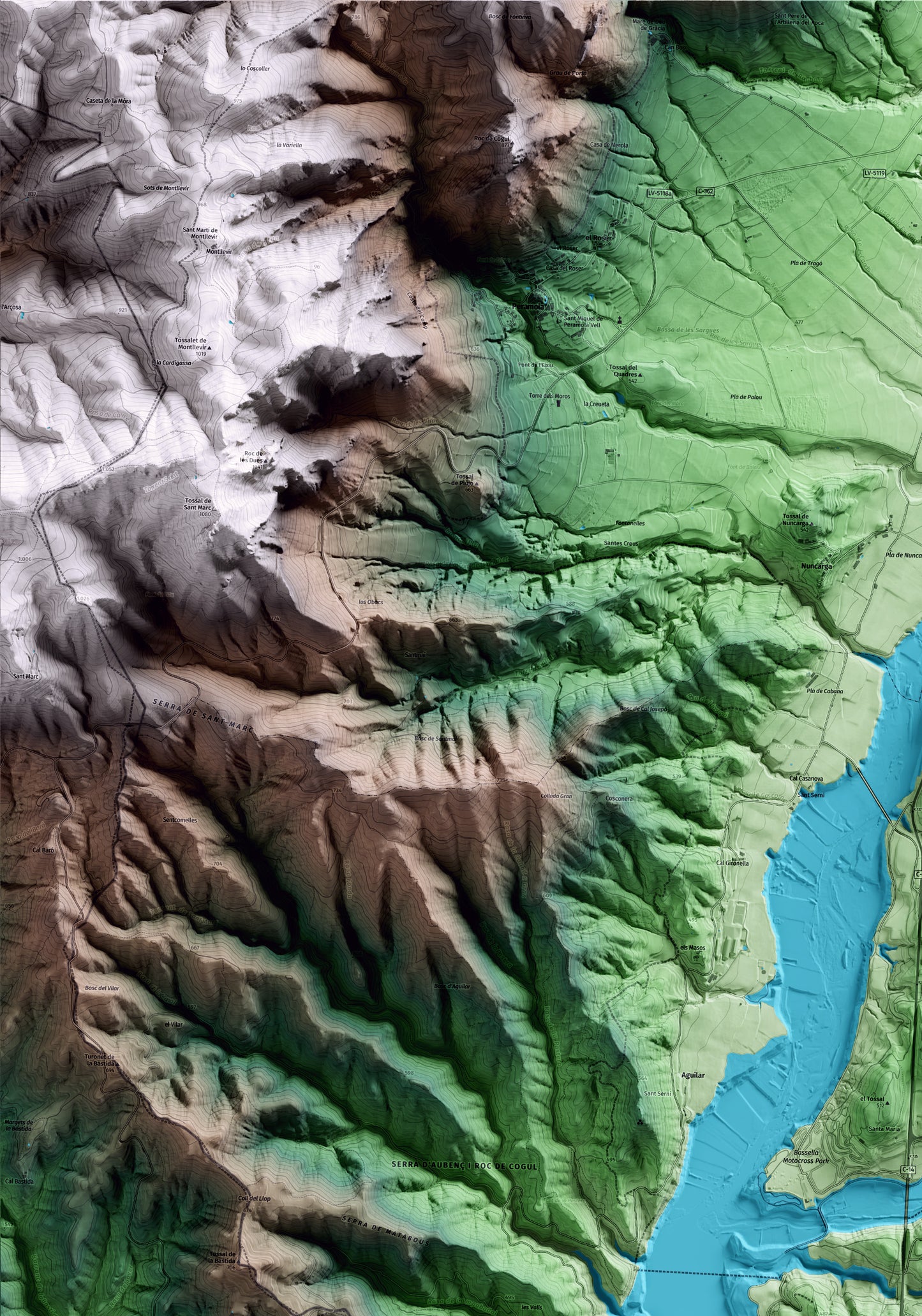 Mapa artístico del relieve de Bassella, al Alt Urgell, con 15 km de entorno y base topográfica ICGC. Detalle de la zona superior izquierda.