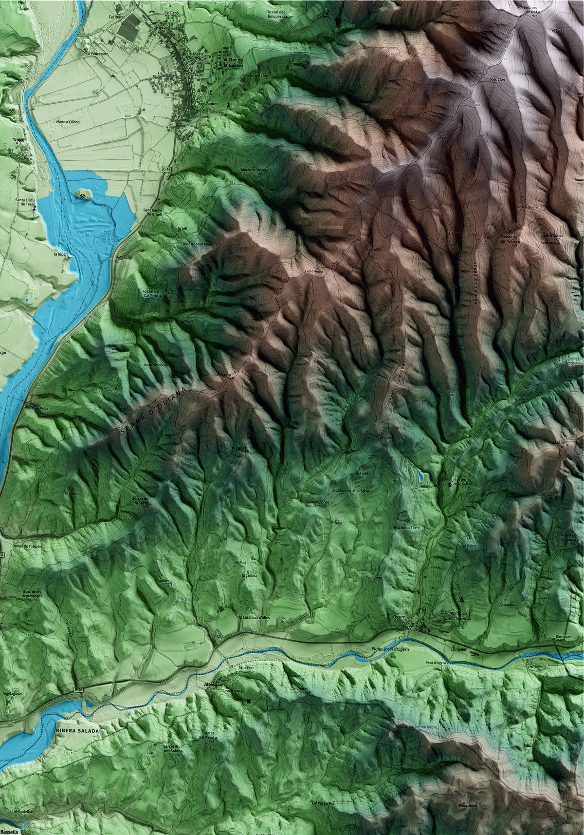 Mapa artístico del relieve de Bassella, al Alt Urgell, con 15 km de entorno y base topográfica ICGC. Detalle de la zona superior derecha.