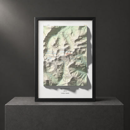 Mapa de relieve de Bastiments, 2881 m, Conflent · Ripollès, lámina 100 Cims de Trobart. Presentación enmarcada. 21 × 30 cm.