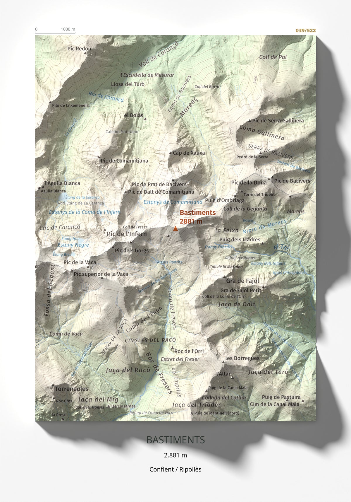 Mapa de relieve de Bastiments, 2881 m, Conflent · Ripollès, lámina 100 Cims de Trobart 21 × 30 cm.