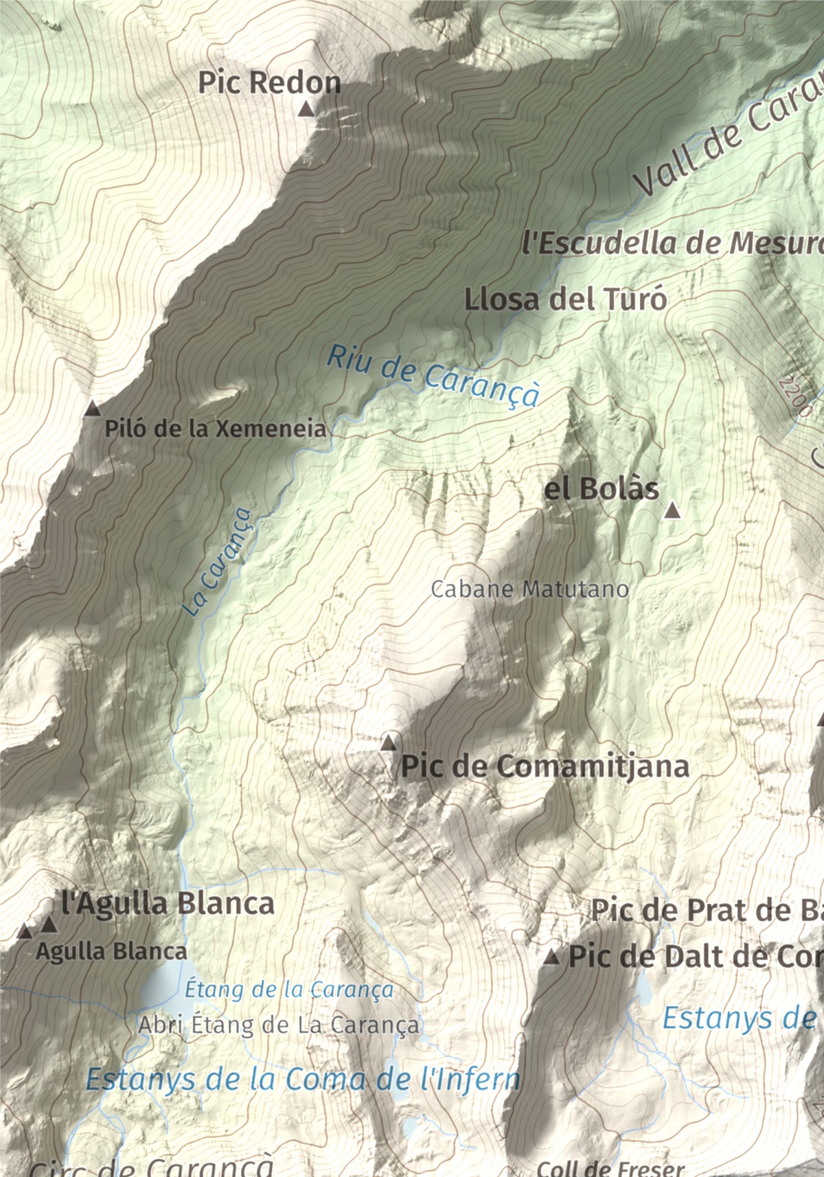 Mapa de relieve de Bastiments, 2881 m, Conflent · Ripollès, lámina 100 Cims de Trobart. Detalle de la zona superior izquierda. 21 × 30 cm.