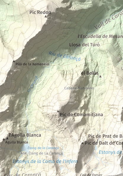 Mapa de relieve de Bastiments, 2881 m, Conflent · Ripollès, lámina 100 Cims de Trobart. Detalle de la zona superior izquierda. 21 × 30 cm.