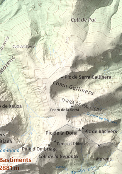 Mapa de relieve de Bastiments, 2881 m, Conflent · Ripollès, lámina 100 Cims de Trobart. Detalle de la zona superior derecha. 21 × 30 cm.