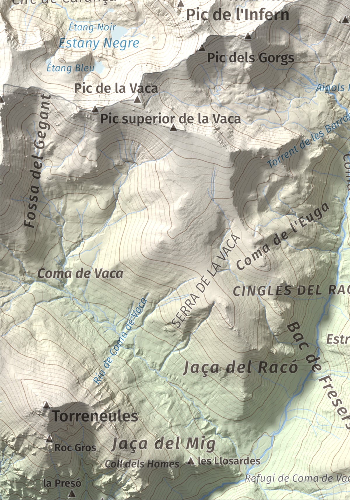 Mapa de relieve de Bastiments, 2881 m, Conflent · Ripollès, lámina 100 Cims de Trobart. Detalle de la zona inferior izquierda. 21 × 30 cm.