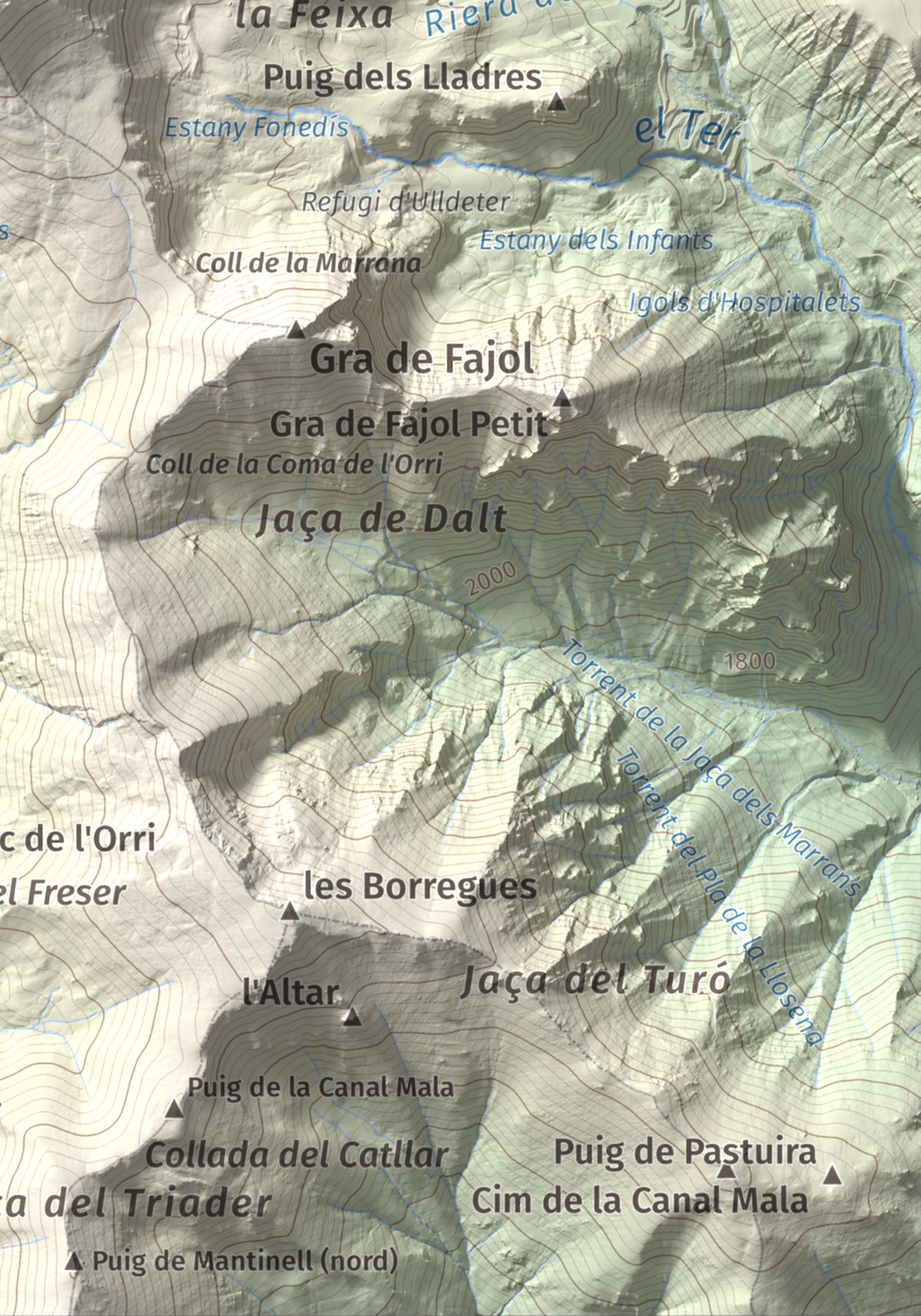 Mapa de relieve de Bastiments, 2881 m, Conflent · Ripollès, lámina 100 Cims de Trobart. Detalle de la zona inferior derecha. 21 × 30 cm.
