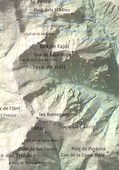 Mapa de relieve de Bastiments, 2881 m, Conflent · Ripollès, lámina 100 Cims de Trobart. Detalle de la zona inferior derecha. 21 × 30 cm.