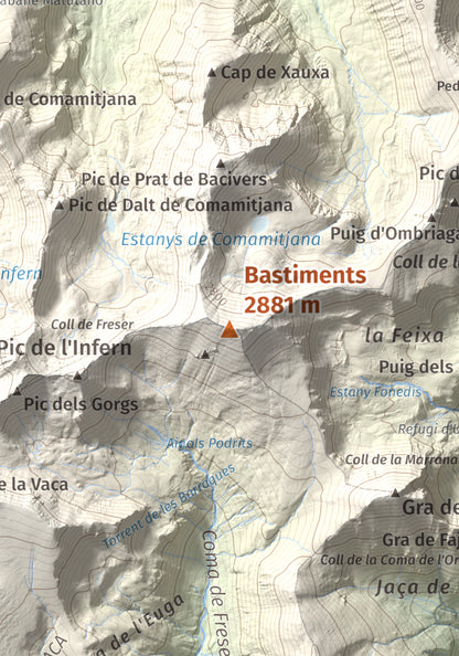 Mapa de relieve de Bastiments, 2881 m, Conflent · Ripollès, lámina 100 Cims de Trobart. Detalle de la zona central. 21 × 30 cm.