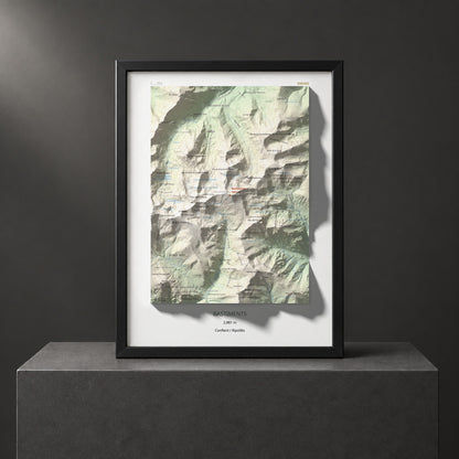 Mapa de relieve de Bastiments, 2881 m, Conflent · Ripollès, lámina 100 Cims de Trobart. Presentación enmarcada. 30 × 40 cm.