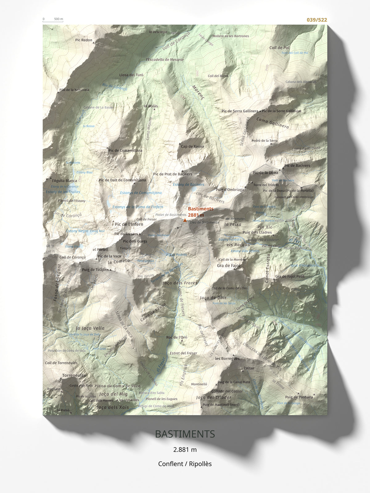 Mapa de relieve de Bastiments, 2881 m, Conflent · Ripollès, lámina 100 Cims de Trobart 30 × 40 cm.