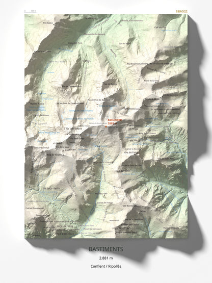 Mapa de relieve de Bastiments, 2881 m, Conflent · Ripollès, lámina 100 Cims de Trobart 30 × 40 cm.