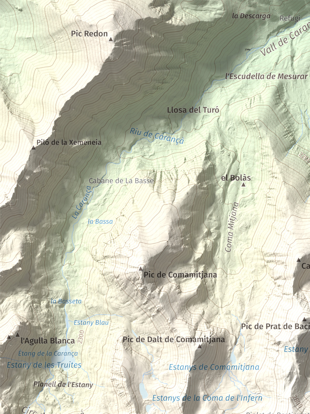Mapa de relieve de Bastiments, 2881 m, Conflent · Ripollès, lámina 100 Cims de Trobart. Detalle de la zona superior izquierda. 30 × 40 cm.
