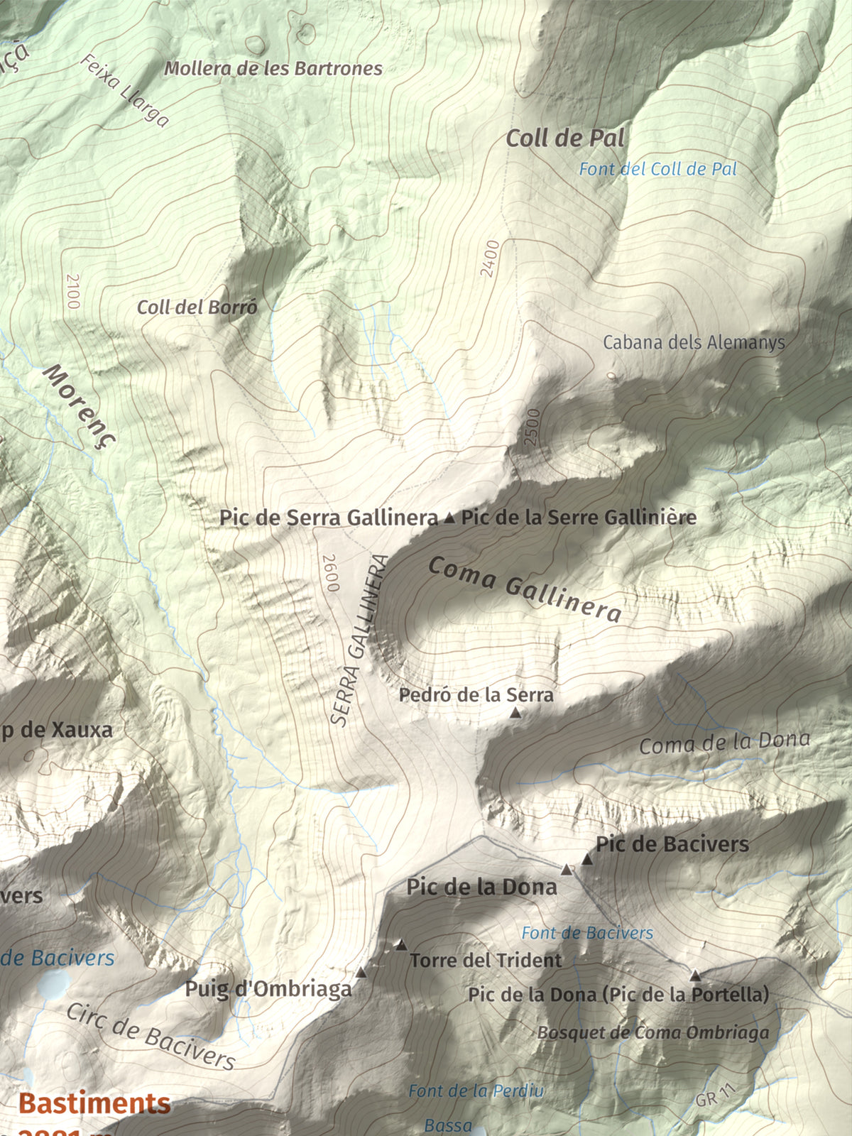 Mapa de relieve de Bastiments, 2881 m, Conflent · Ripollès, lámina 100 Cims de Trobart. Detalle de la zona superior derecha. 30 × 40 cm.