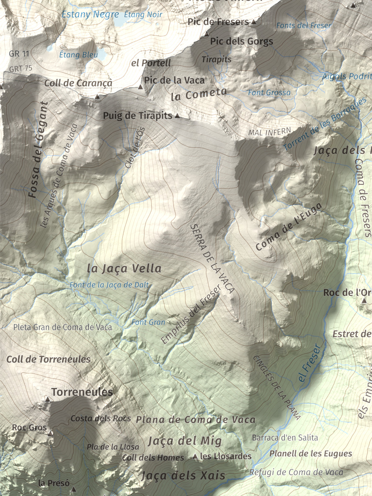 Mapa de relieve de Bastiments, 2881 m, Conflent · Ripollès, lámina 100 Cims de Trobart. Detalle de la zona inferior izquierda. 30 × 40 cm.