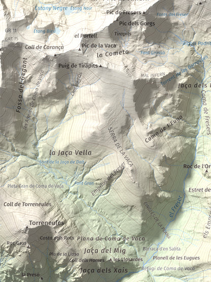 Mapa de relieve de Bastiments, 2881 m, Conflent · Ripollès, lámina 100 Cims de Trobart. Detalle de la zona inferior izquierda. 30 × 40 cm.