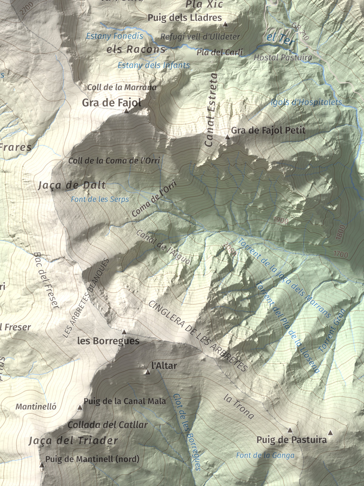 Mapa de relieve de Bastiments, 2881 m, Conflent · Ripollès, lámina 100 Cims de Trobart. Detalle de la zona inferior derecha. 30 × 40 cm.