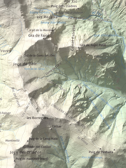 Mapa de relieve de Bastiments, 2881 m, Conflent · Ripollès, lámina 100 Cims de Trobart. Detalle de la zona inferior derecha. 30 × 40 cm.