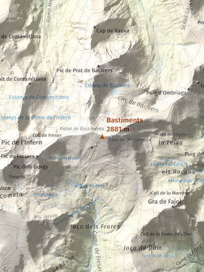 Mapa de relieve de Bastiments, 2881 m, Conflent · Ripollès, lámina 100 Cims de Trobart. Detalle de la zona central. 30 × 40 cm.