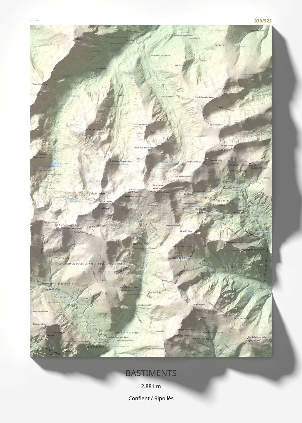 Mapa de relieve de Bastiments, 2881 m, Conflent · Ripollès, lámina 100 Cims de Trobart 50 × 70 cm.