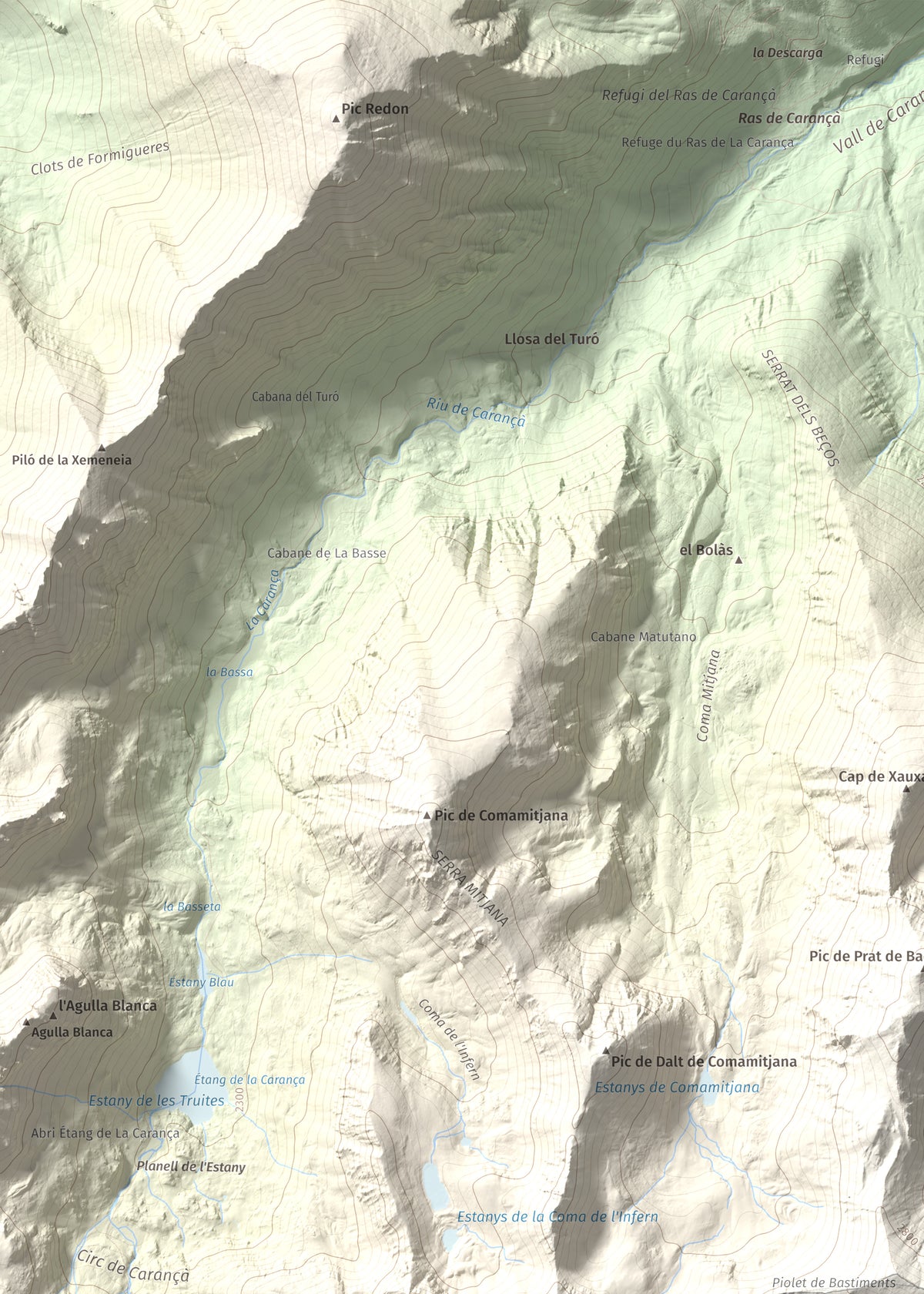 Mapa de relieve de Bastiments, 2881 m, Conflent · Ripollès, lámina 100 Cims de Trobart. Detalle de la zona superior izquierda. 50 × 70 cm.