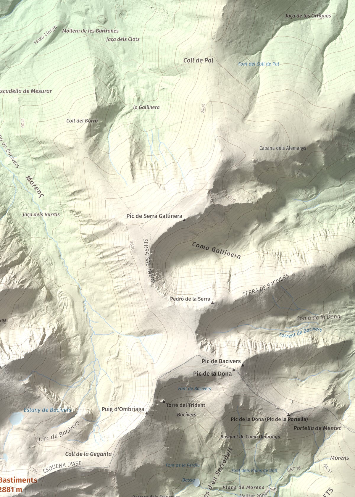 Mapa de relieve de Bastiments, 2881 m, Conflent · Ripollès, lámina 100 Cims de Trobart. Detalle de la zona superior derecha. 50 × 70 cm.