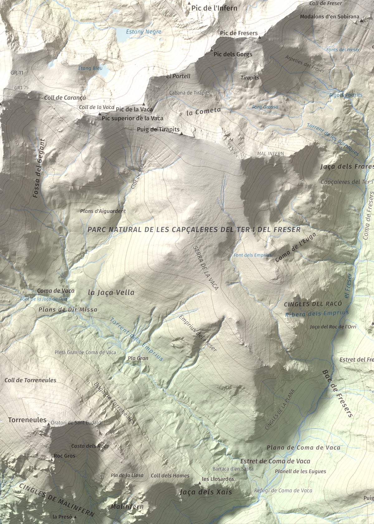Mapa de relieve de Bastiments, 2881 m, Conflent · Ripollès, lámina 100 Cims de Trobart. Detalle de la zona inferior izquierda. 50 × 70 cm.