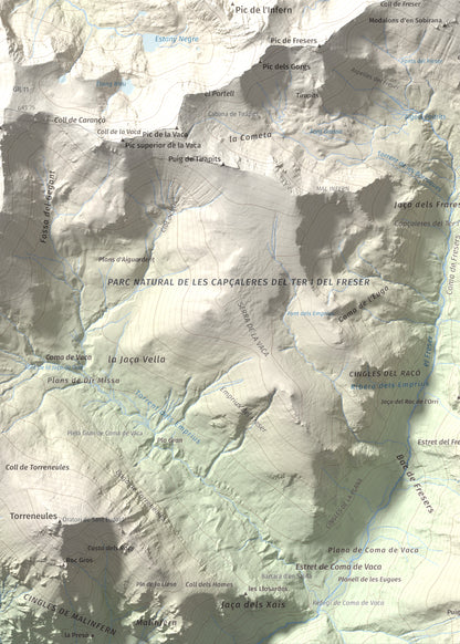 Mapa de relieve de Bastiments, 2881 m, Conflent · Ripollès, lámina 100 Cims de Trobart. Detalle de la zona inferior izquierda. 50 × 70 cm.