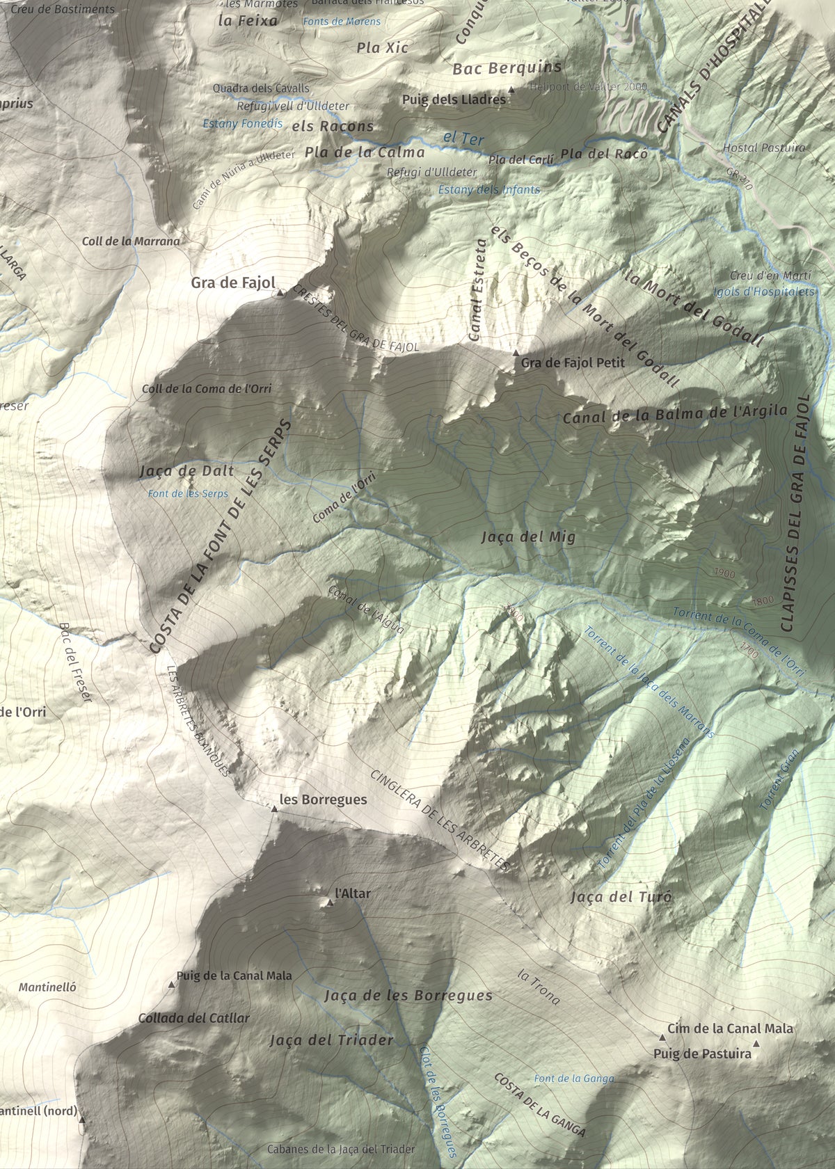 Mapa de relieve de Bastiments, 2881 m, Conflent · Ripollès, lámina 100 Cims de Trobart. Detalle de la zona inferior derecha. 50 × 70 cm.
