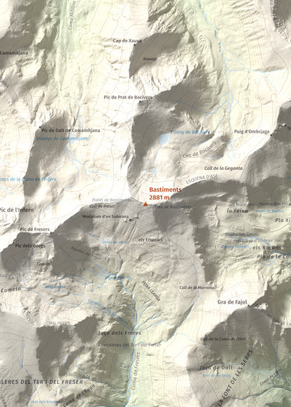 Mapa de relieve de Bastiments, 2881 m, Conflent · Ripollès, lámina 100 Cims de Trobart. Detalle de la zona central. 50 × 70 cm.