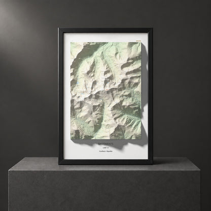 Mapa de relieve de Bastiments, 2881 m, Conflent · Ripollès, lámina 100 Cims de Trobart. Presentación enmarcada. 61 × 91 cm.