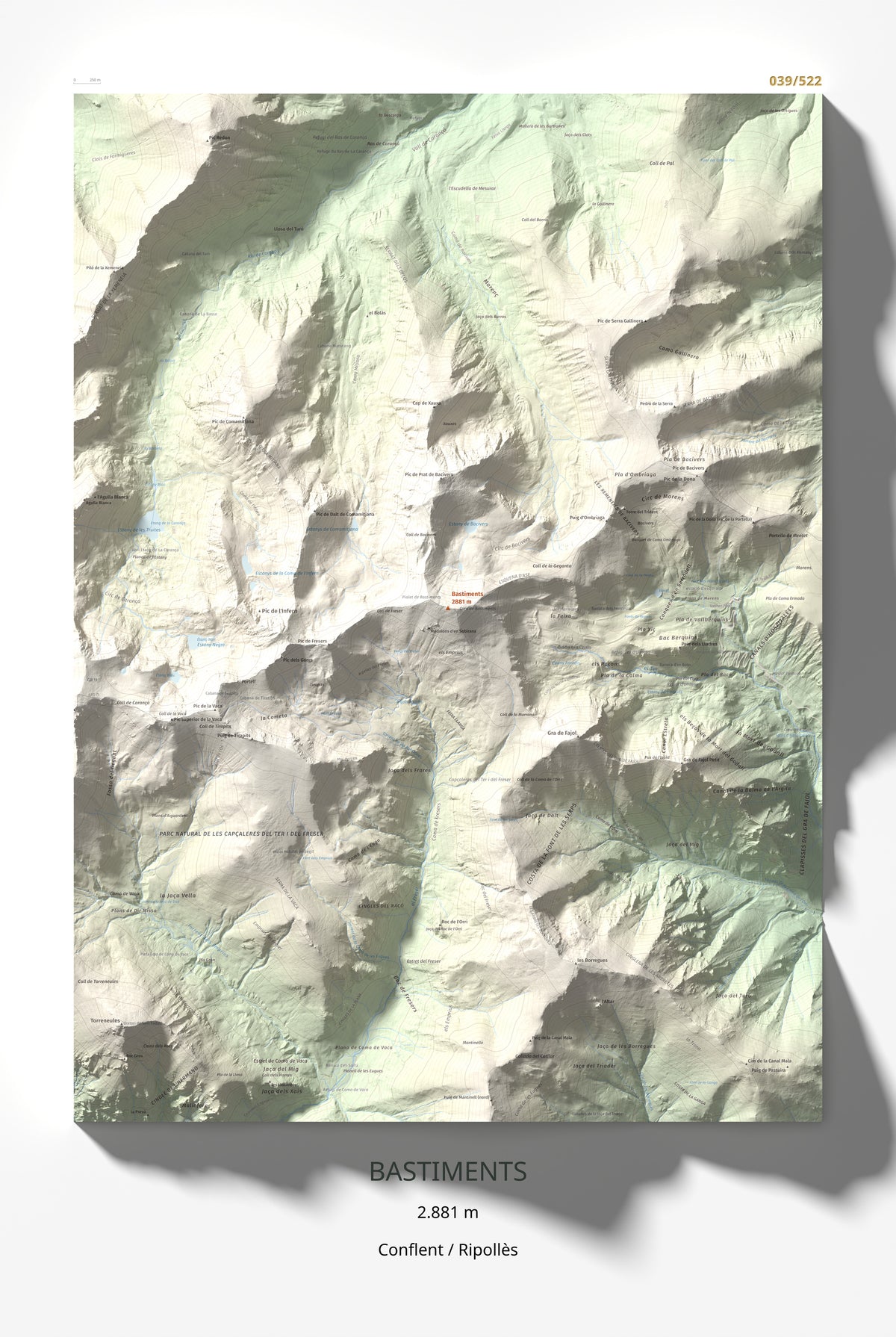 Mapa de relieve de Bastiments, 2881 m, Conflent · Ripollès, lámina 100 Cims de Trobart 61 × 91 cm.