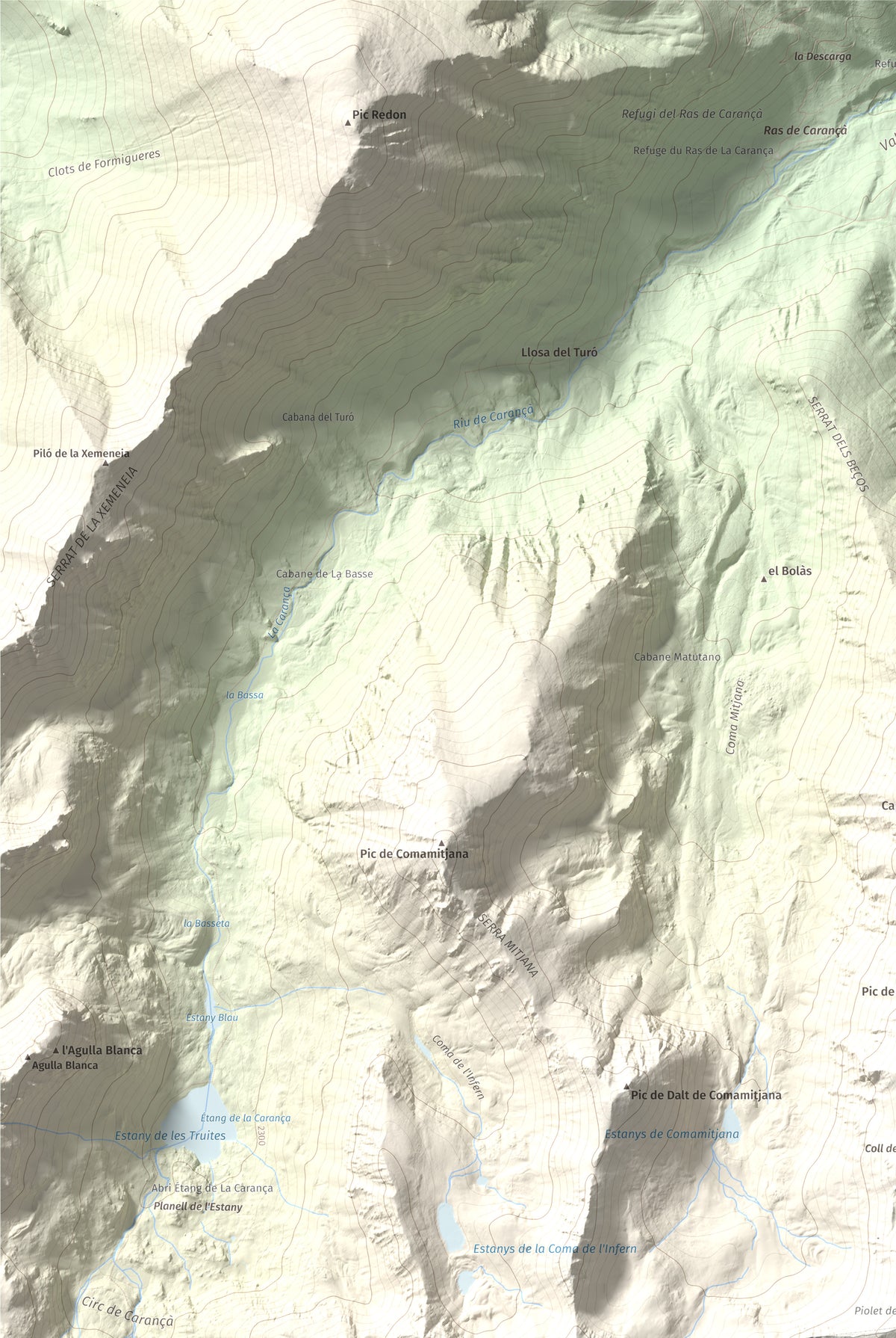 Mapa de relieve de Bastiments, 2881 m, Conflent · Ripollès, lámina 100 Cims de Trobart. Detalle de la zona superior izquierda. 61 × 91 cm.