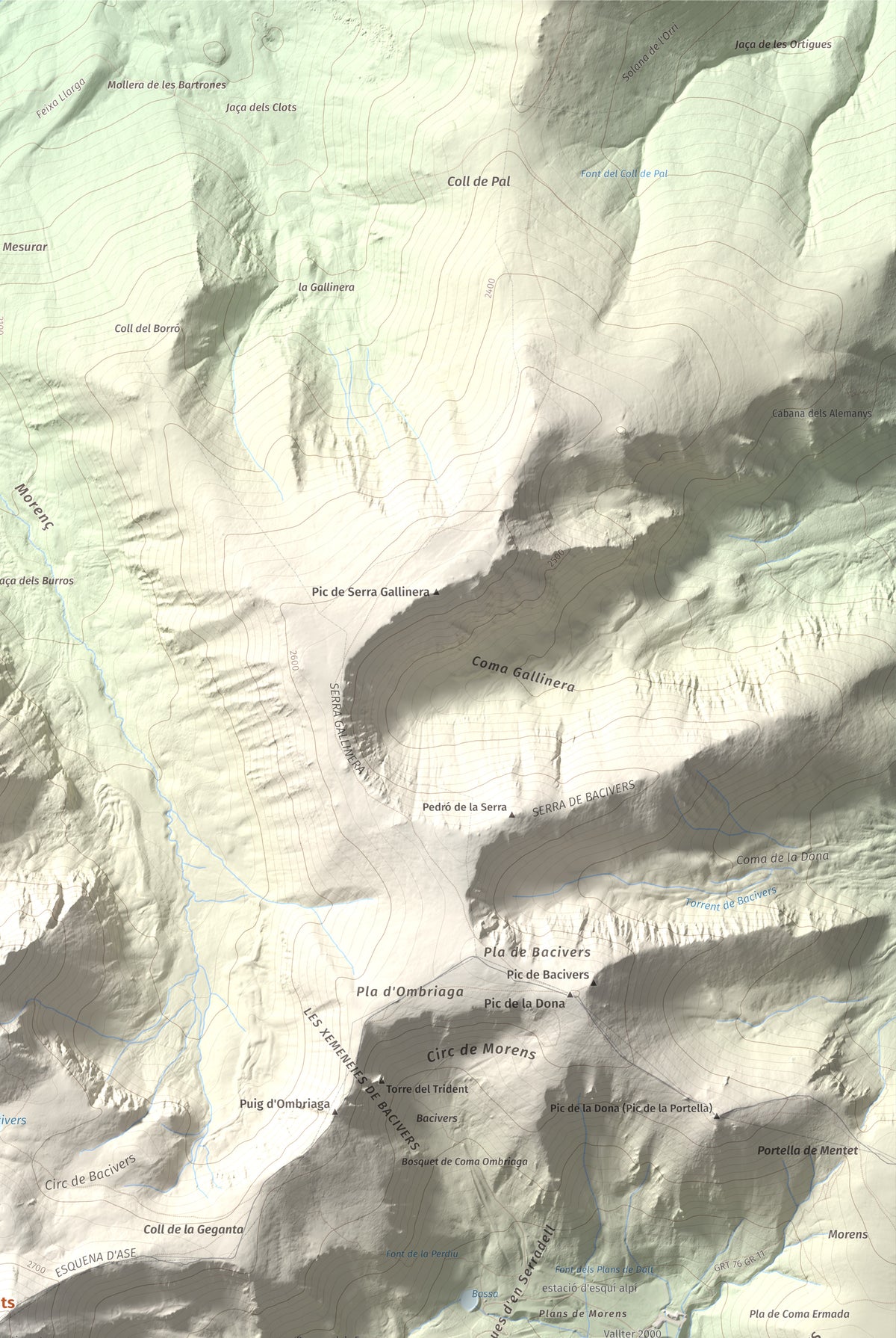 Mapa de relieve de Bastiments, 2881 m, Conflent · Ripollès, lámina 100 Cims de Trobart. Detalle de la zona superior derecha. 61 × 91 cm.