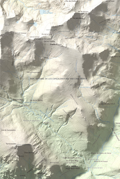 Mapa de relieve de Bastiments, 2881 m, Conflent · Ripollès, lámina 100 Cims de Trobart. Detalle de la zona inferior izquierda. 61 × 91 cm.