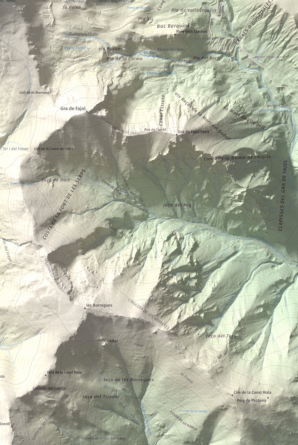 Mapa de relieve de Bastiments, 2881 m, Conflent · Ripollès, lámina 100 Cims de Trobart. Detalle de la zona inferior derecha. 61 × 91 cm.