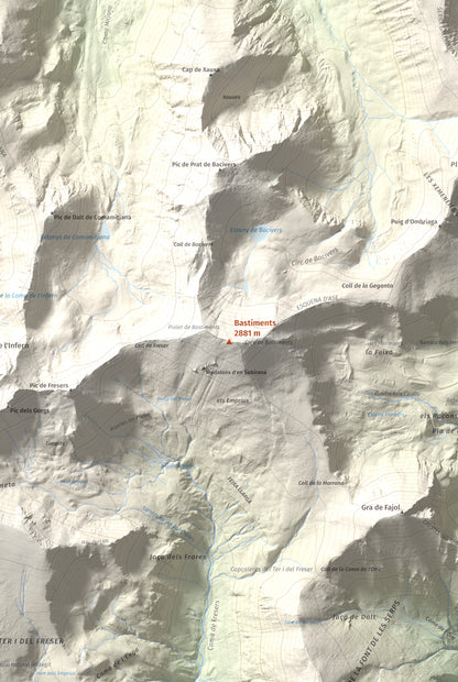 Mapa de relieve de Bastiments, 2881 m, Conflent · Ripollès, lámina 100 Cims de Trobart. Detalle de la zona central. 61 × 91 cm.