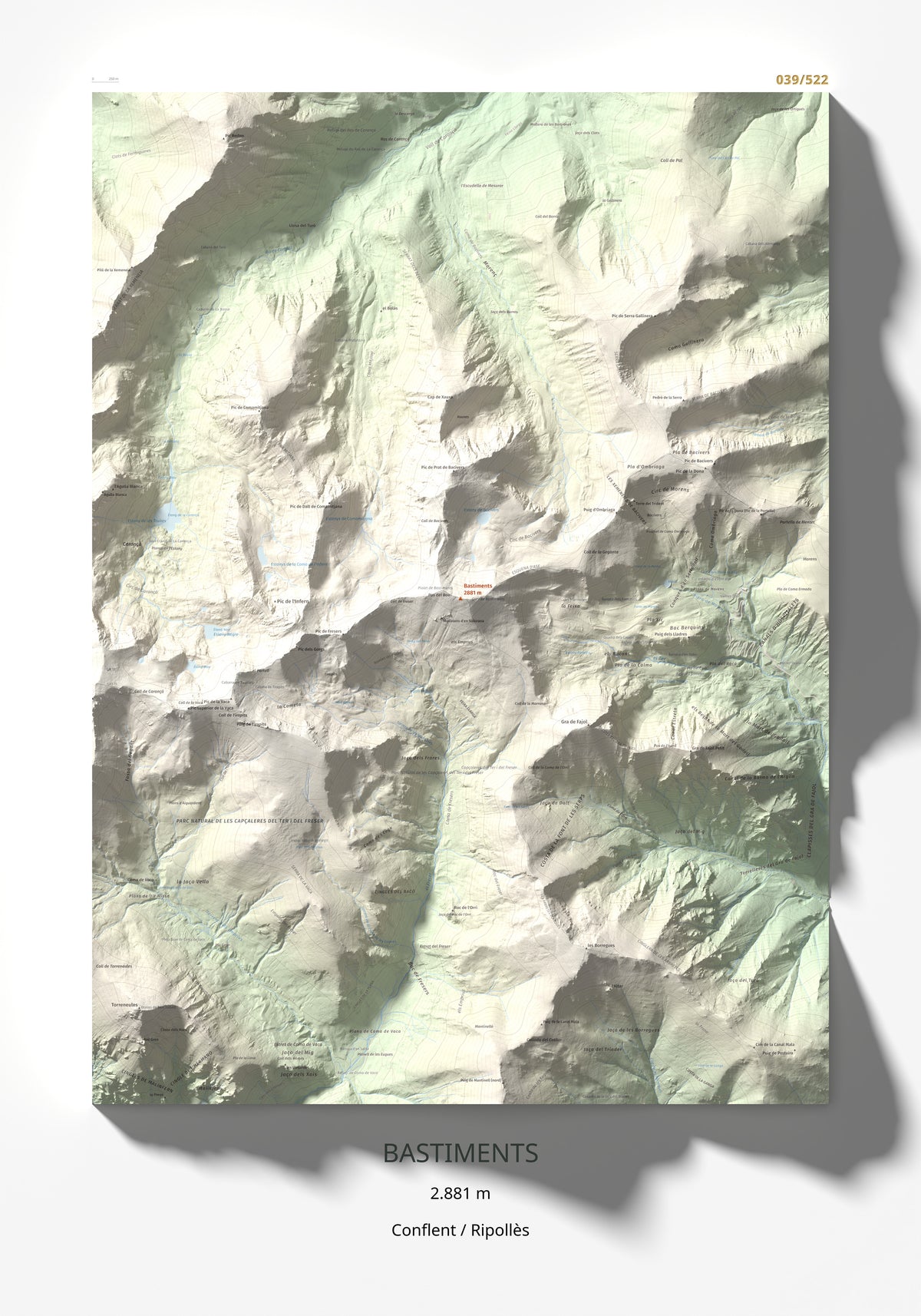 Mapa de relieve de Bastiments, 2881 m, Conflent · Ripollès, lámina 100 Cims de Trobart 70 × 100 cm.