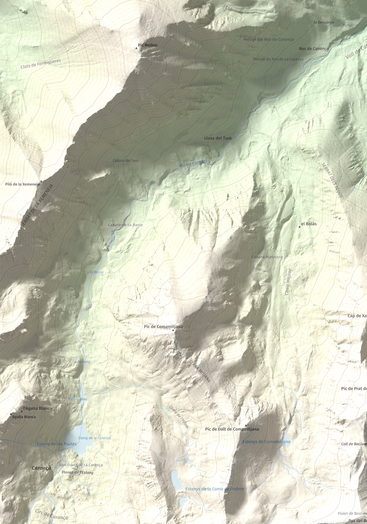 Mapa de relieve de Bastiments, 2881 m, Conflent · Ripollès, lámina 100 Cims de Trobart. Detalle de la zona superior izquierda. 70 × 100 cm.