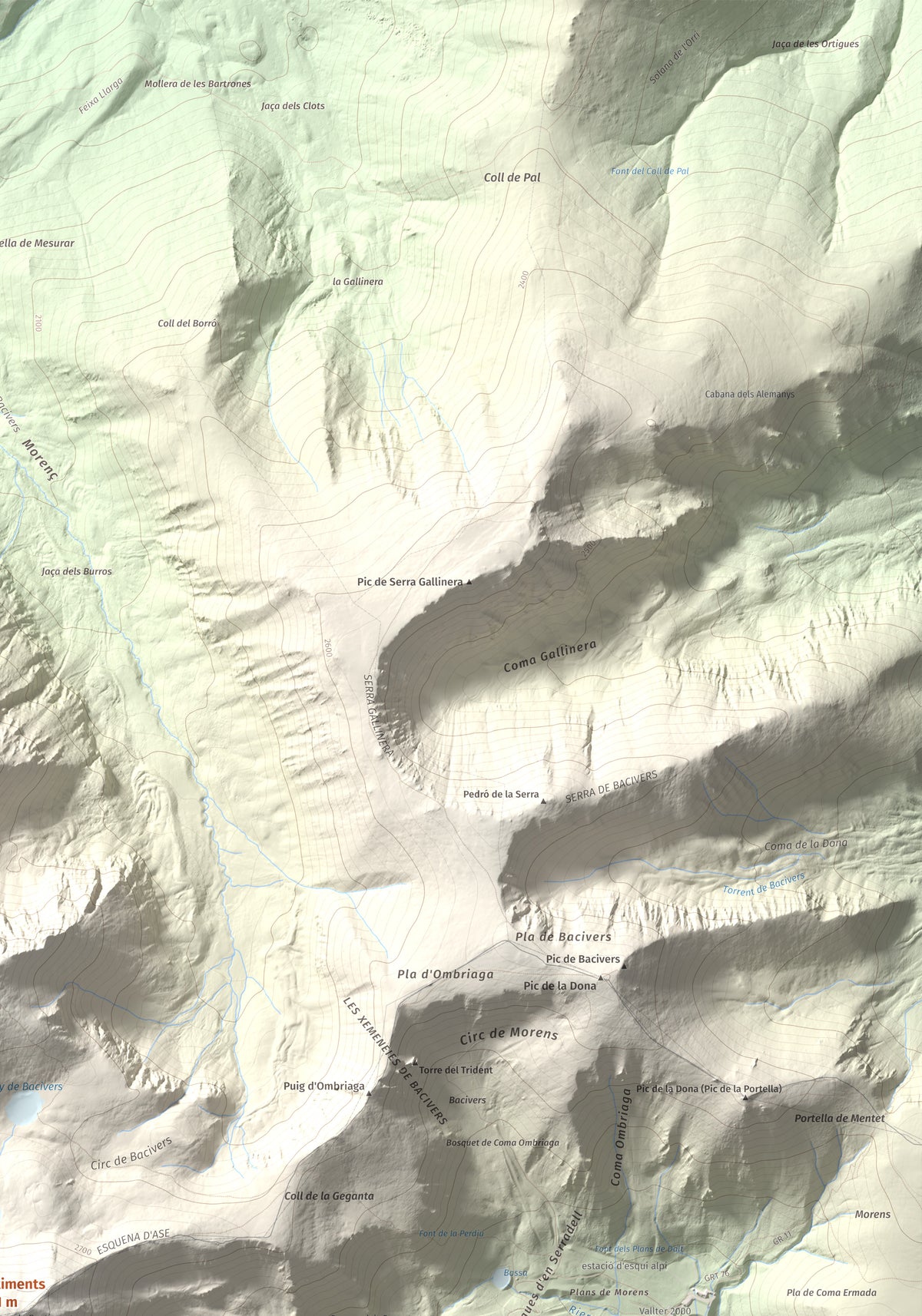 Mapa de relieve de Bastiments, 2881 m, Conflent · Ripollès, lámina 100 Cims de Trobart. Detalle de la zona superior derecha. 70 × 100 cm.