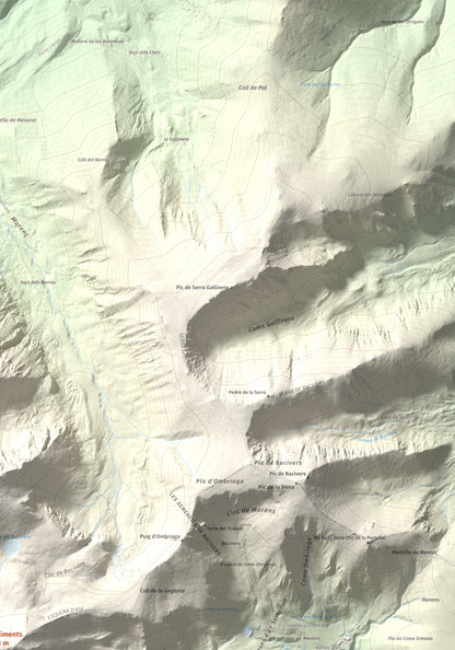 Mapa de relieve de Bastiments, 2881 m, Conflent · Ripollès, lámina 100 Cims de Trobart. Detalle de la zona superior derecha. 70 × 100 cm.