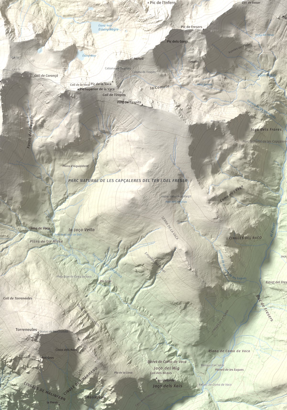 Mapa de relieve de Bastiments, 2881 m, Conflent · Ripollès, lámina 100 Cims de Trobart. Detalle de la zona inferior izquierda. 70 × 100 cm.
