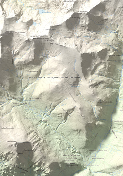 Mapa de relieve de Bastiments, 2881 m, Conflent · Ripollès, lámina 100 Cims de Trobart. Detalle de la zona inferior izquierda. 70 × 100 cm.